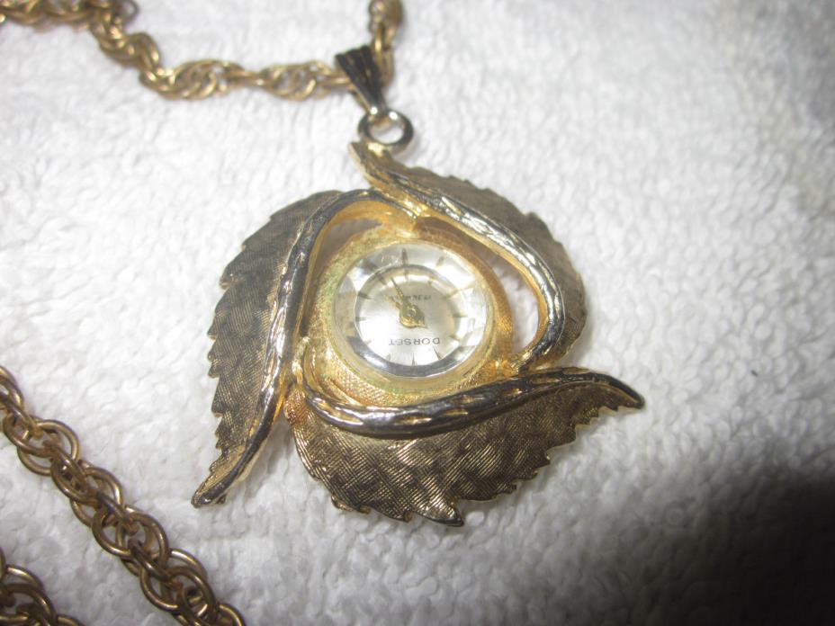 Vintage Dorset 17 Jewels Pendant Watch Gold Tone Leaves
