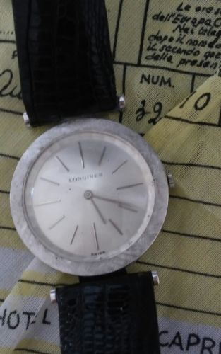 Vintage LONGINES Black Band Ivory Face Silver hands watch 14kt Gold Working!!