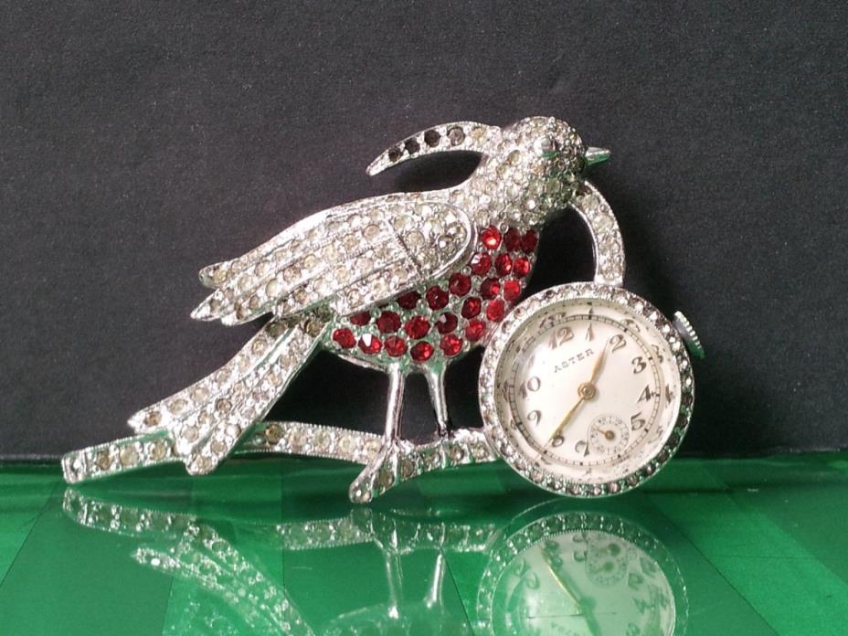 Swiss ASTER Watch Pin Brooch Vintage Made Wind Up SAPHO Rhinestone Silver Bird