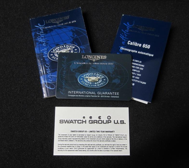 LONGINES International Guarantee + Swatch Group Warranty both unsigned + More