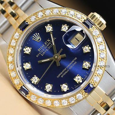 LADIES ROLEX DATEJUST FACTORY DIAMOND 18K YELLOW GOLD STEEL BLUE SAPPHIRE WATCH