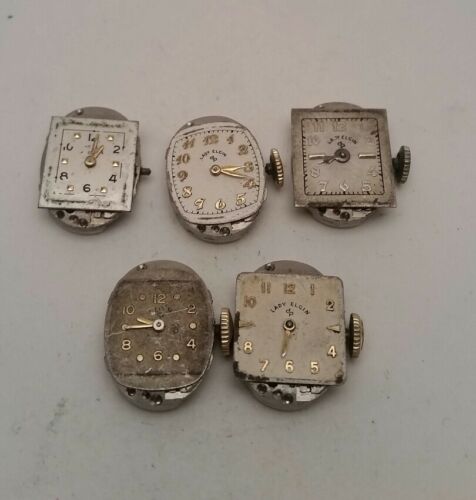 Lot of 5 Elgin Watch Movement Grade 650 19j 4 Adj For Parts or Repair