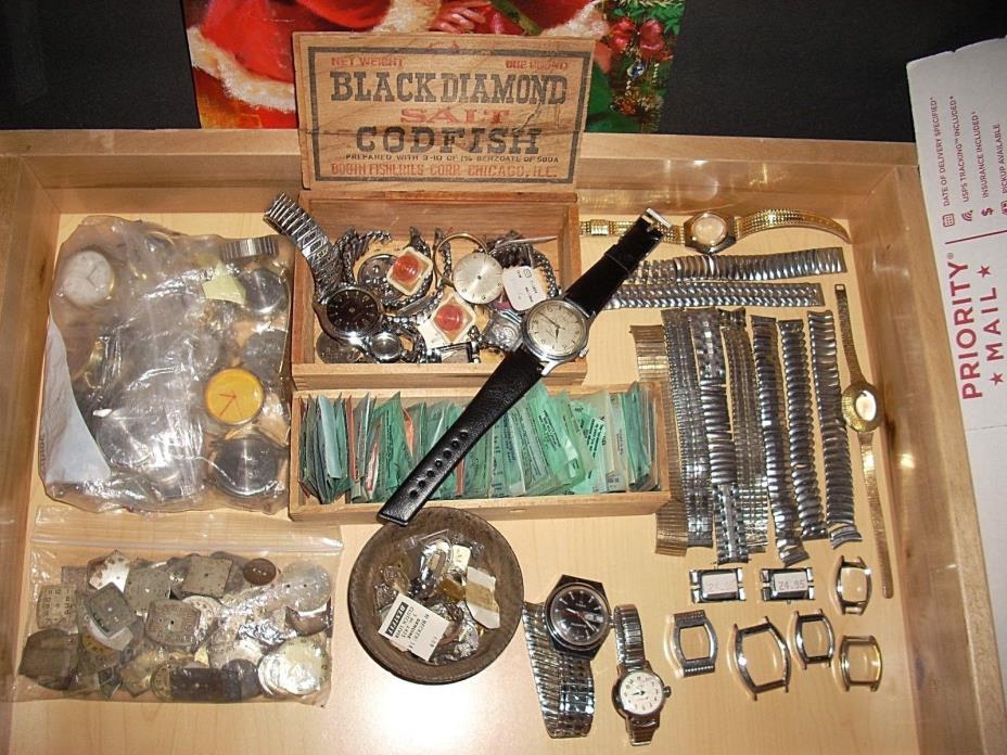 Estate Watch Makers Repair Junk Drawer Lot Parts, Watches, Dials, Lens, Bands