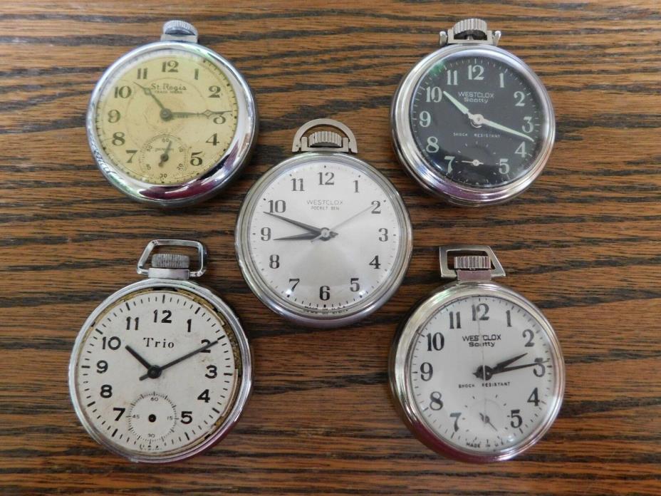 Five Vintage Pocket Watches For Parts Or Repair, Westclox, St Regis , Trio
