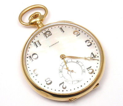 VINTAGE RARE LONGINES 18k YELLOW GOLD MOP DIAL POCKET WATCH