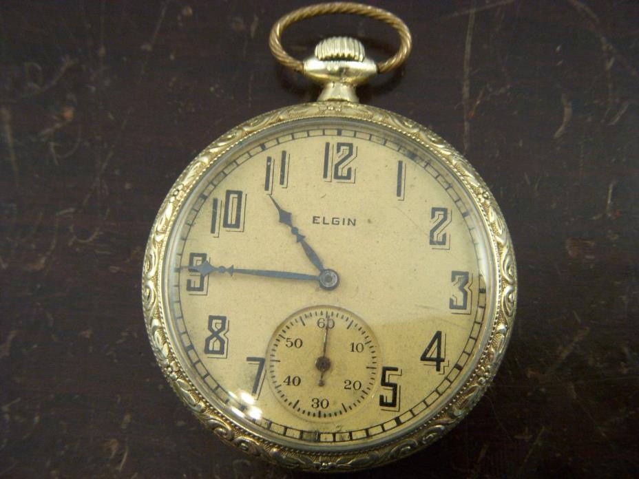 Vintage Original 1926 Elgin 12s 15j Open Face Gold Tone Pocket Watch Running
