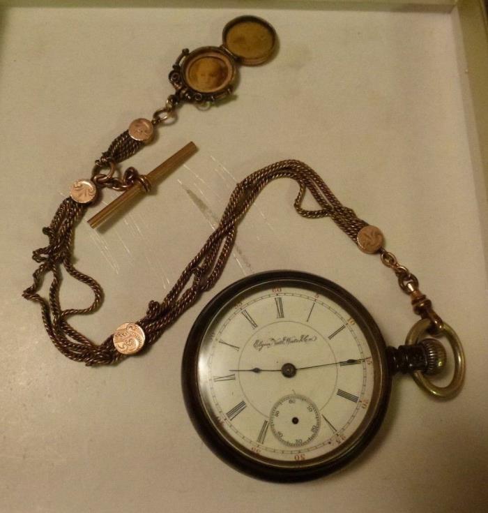 ELGIN NATIONAL Antique (1896) pocket watch w/ brass fob & locket (#6102402)