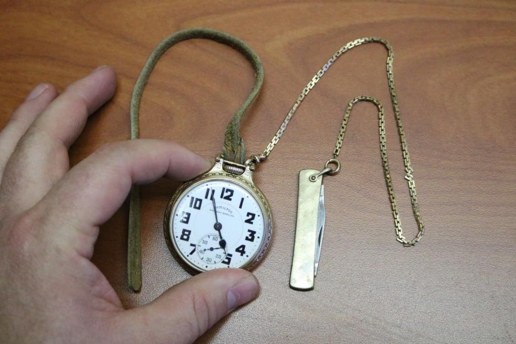 HAMILTON RAILWAY SPECIAL 992B 21 Jewel Case Pocket Watch w/ Knife 10K Wadsworth