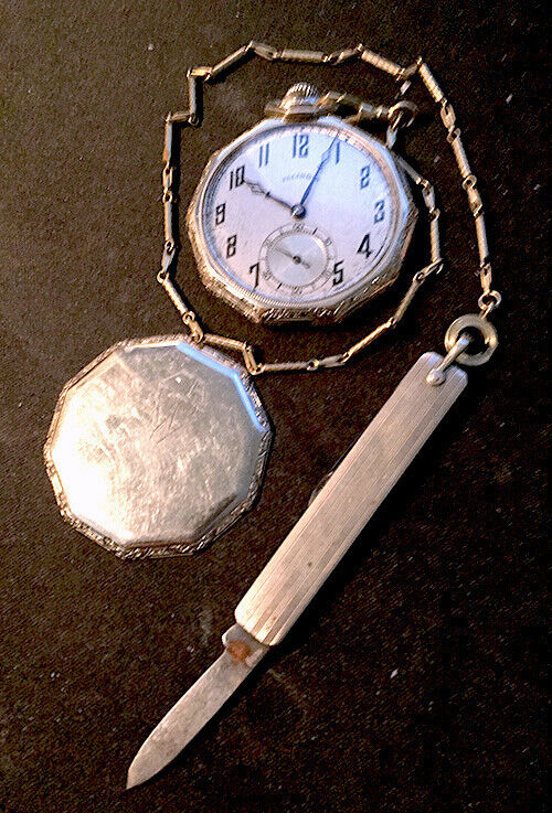 Antique Illinois Pocket Watch w/ Chain and Knife. Engraved Roundup, Mont 6-1-26