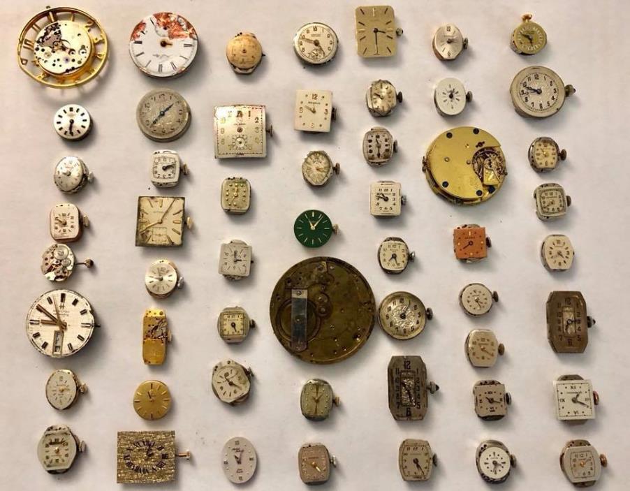 Lot of 53 Watch Movements for Parts Steampunk Gruen Hamilton Bulova and More!