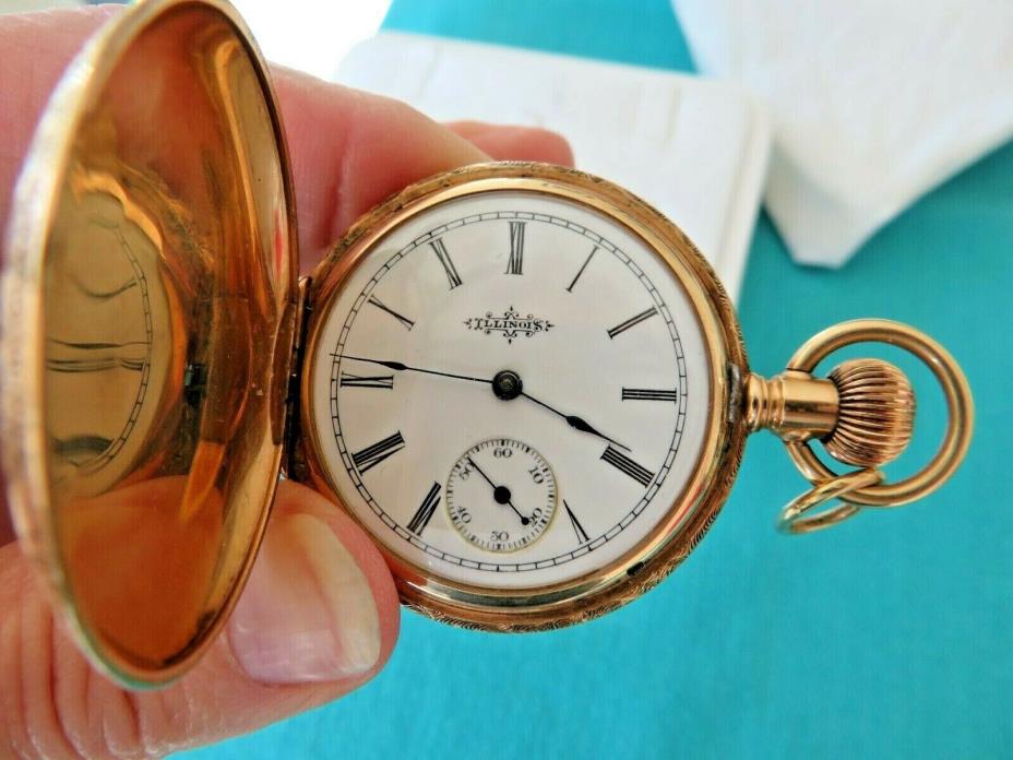 ILLINOIS 14K GOLD ENGRAVED HUNTING CASE 1894 6s 11 JEWELS POCKET WATCH MINT
