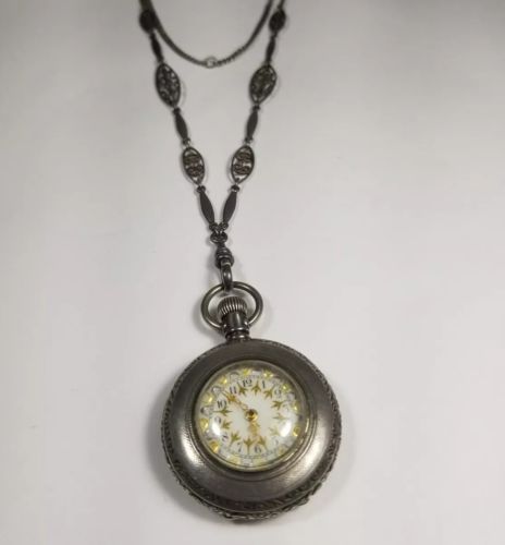 Pristine American Waltham Pendant Blue Gold Enamel Coin Silver Pocket Watch