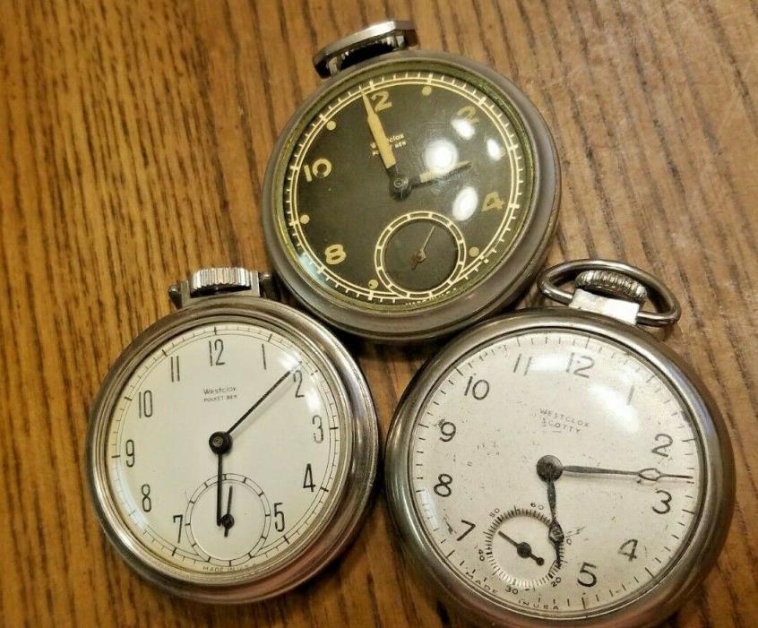 VINTAGE DOLLAR POCKET WATCHES (Lot of 3) / WESTCLOX POCKET BEN - Working