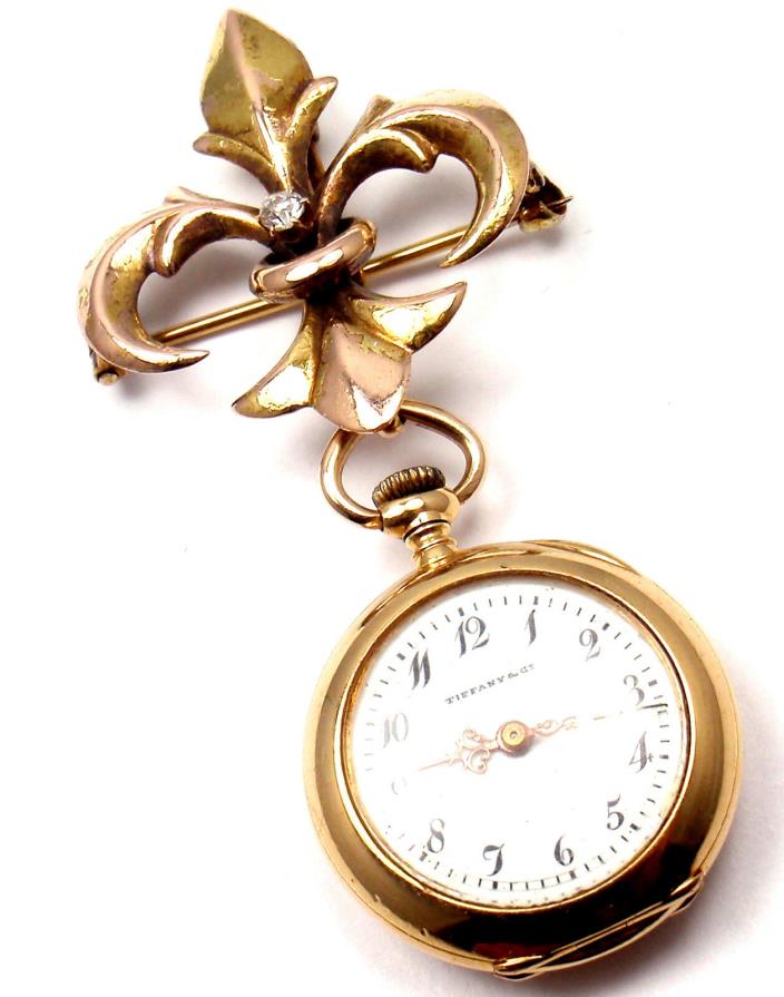 Rare! Vintage Tiffany & Co Patek Philippe 18k Yellow Gold Diamond Lapel Watch