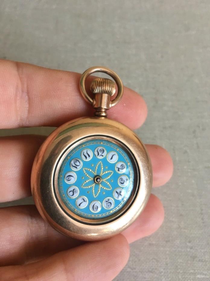 Antique Addison Vtg Engraved Beautiful Gold Pocket Watch w Beautiful Enamel