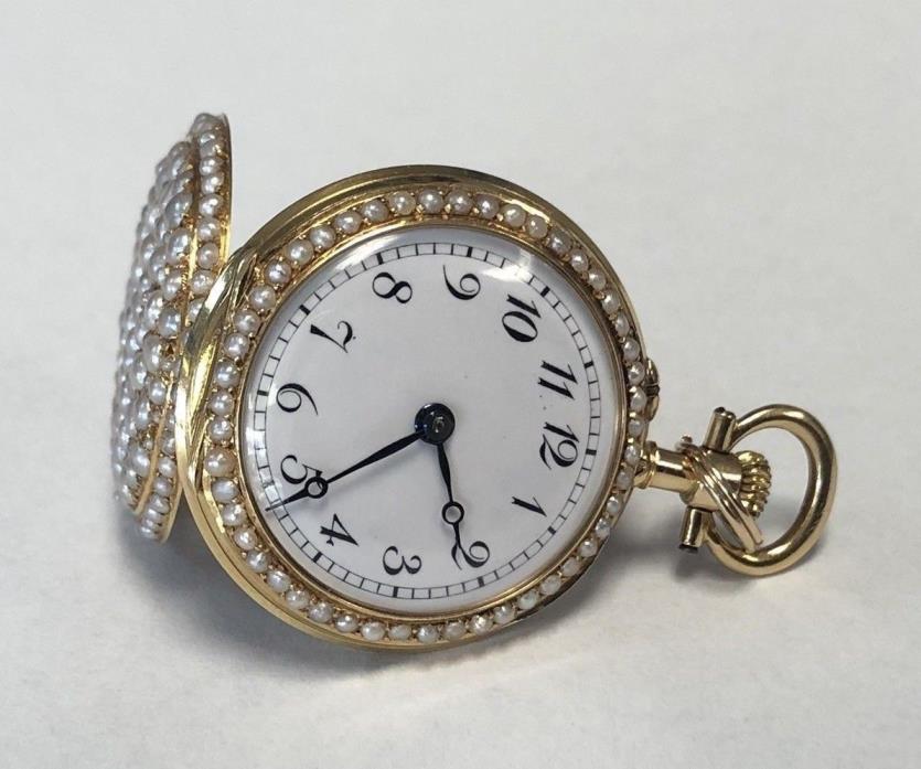 Antique 19th Century French 18K Solid Yellow Gold Pearl Ladies Pocket Watch