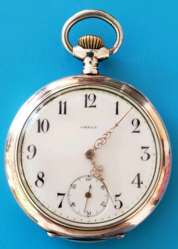 Antique Omega 1910 Open face Two Tone Silver Gold 48.5mm Pocket Watch Works Nice