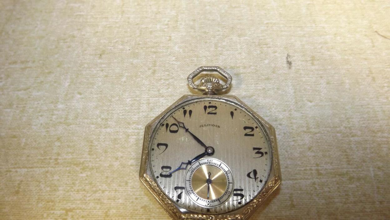 ILLINOIS POCKET WATCH  No Glass Front, Untested  Antique  Parts / Repair Octagon