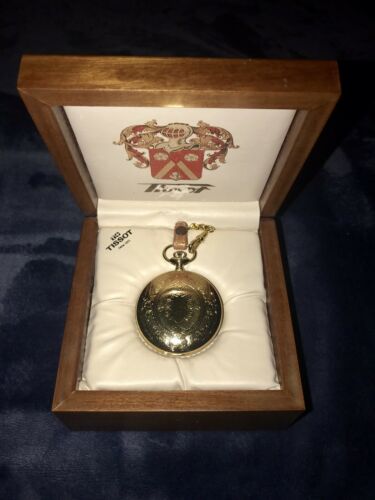 Tissot Gold Pocket Watch With Gold Chain. Excellent Shape with Original Box.