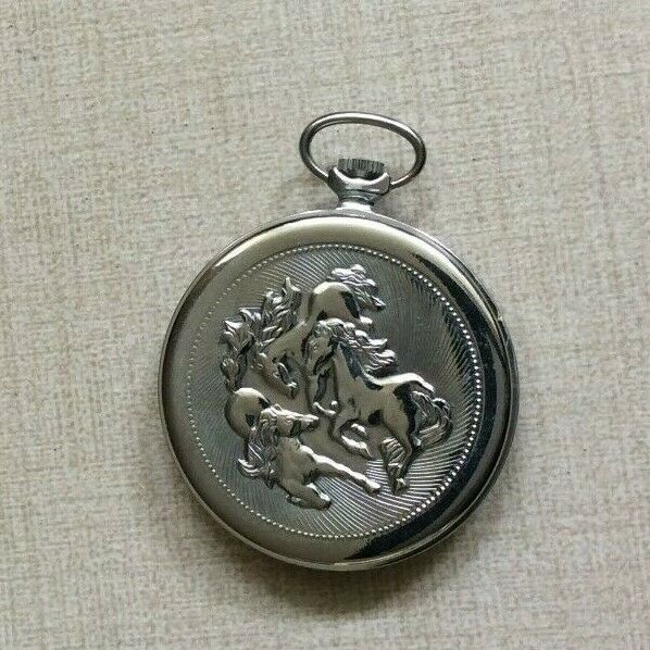 Silver Soviet Mechanical Pocket Watch MOLNIJA Serkisof USSR Vintage Horse Case!