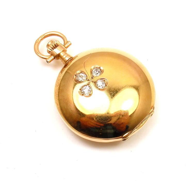 VINTAGE RARE SWISS PATEK? 14k YELLOW GOLD DIAMOND SHAMROCK SMALL POCKET WATCH