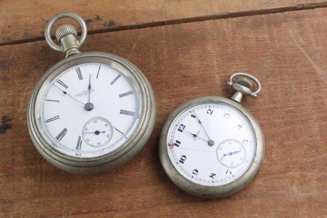 Antique Late 1800's Illinois Open Face Pocket Watch Set Of 2 Not Working