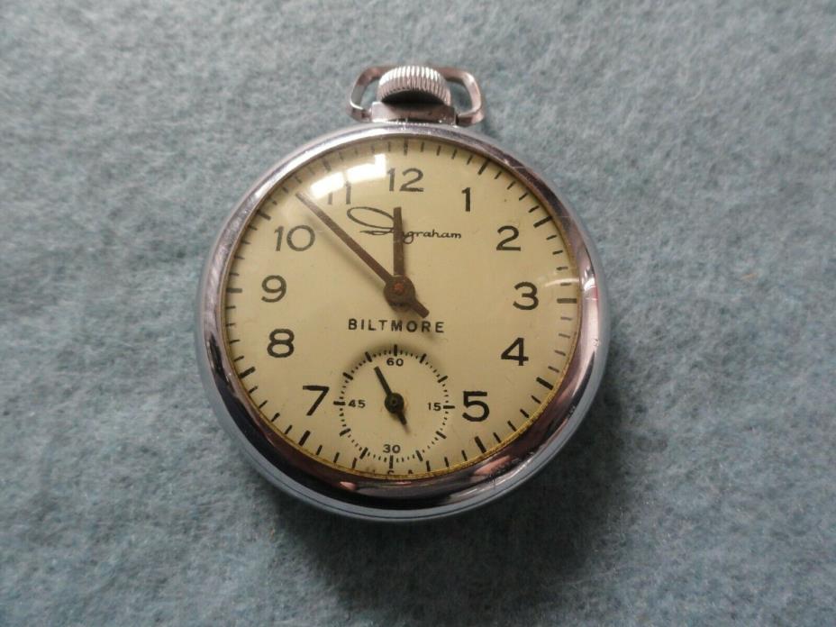 Ingraham Biltmore Mechanical Wind Up Vintage Pocket Watch - Runs Fast