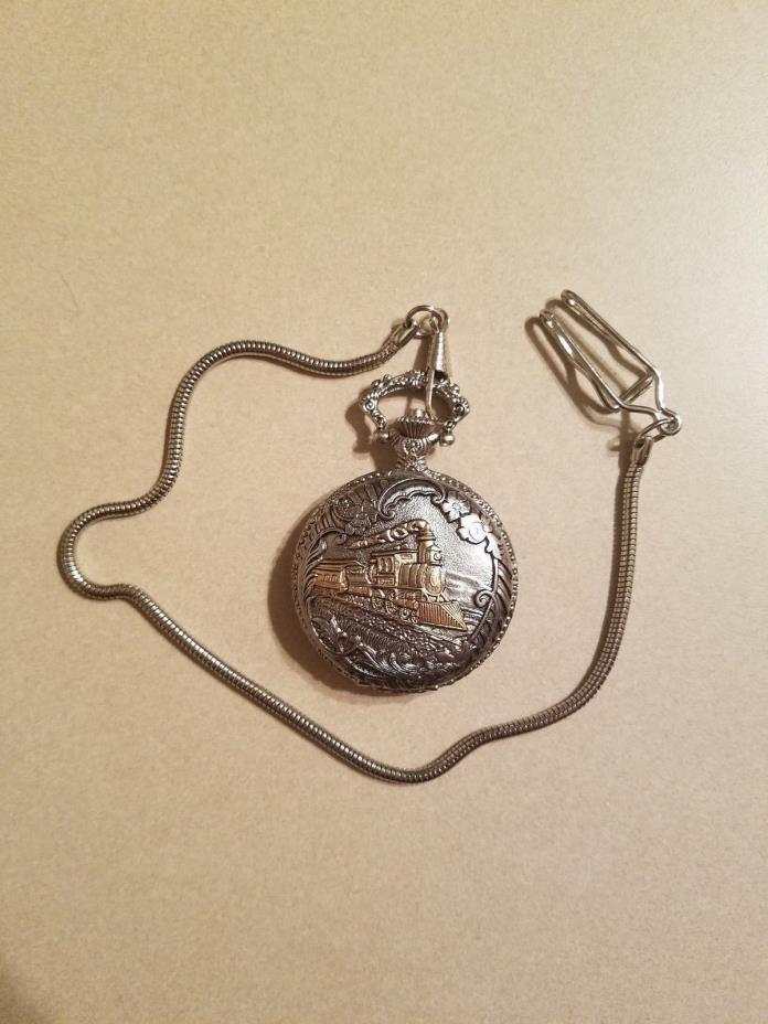 Vintage Train Pocket Watch Two Tone Embossed Elements Japan Quartz With Chain