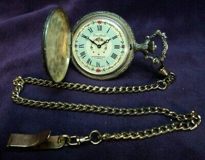 Serviced~Ever Swiss FANCY DIAL~Winding 17 Jewel~Deer Hunter Scene Pocket Watch