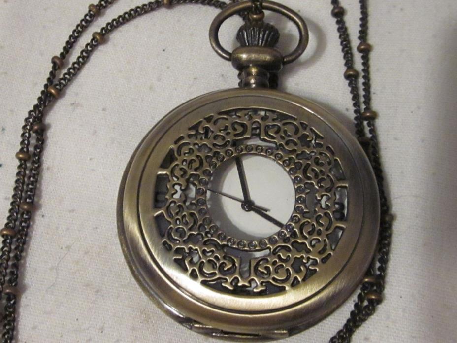 Antique Brass Looking Filigree Lid Pocket Watch & Chain With A New Battery