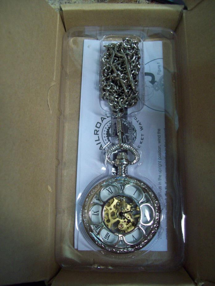 Kansas City Railroad Silver Tone Skeleton Pocket Watch on 28