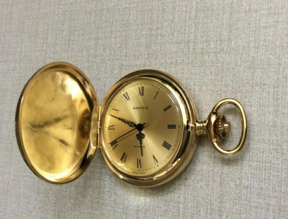Nastrix Swiss Pocket Watch 17 Jewel Incabloc Wind-up Hunting Case Gold Plated!