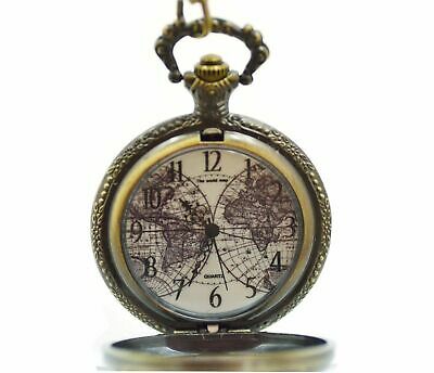 Bronze Pocket Watch Old World Map Large Antique Style FOB Chain for Man or Woman