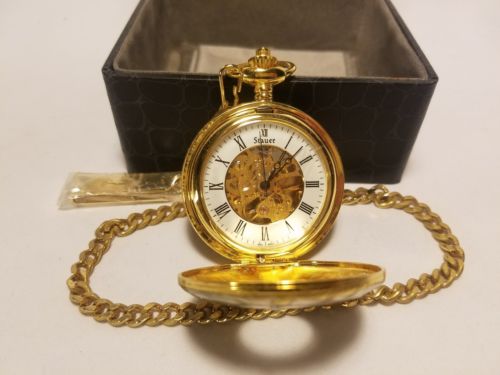 RARE Stauer 17 Jewel Gold Tone Skeleton Manual Wind Pocket Watch Brand New