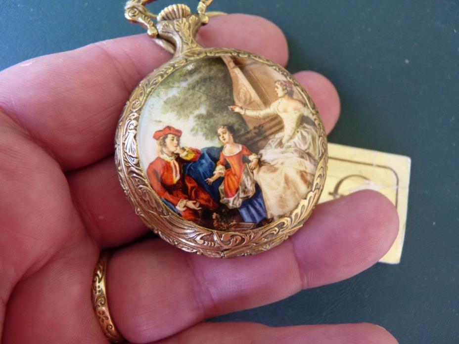 Vintage Circa 1070's Elgin Swiss Pocketwatch With Painted Scene on Front Cover