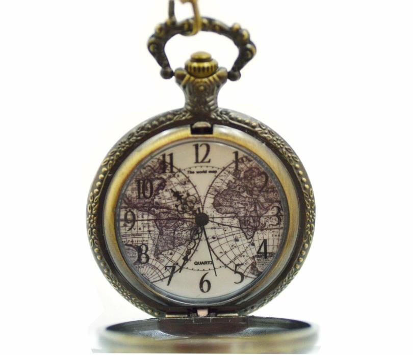 Pocket Watch Old World Map Bronze Necklace Pendant Antiquish Look 14