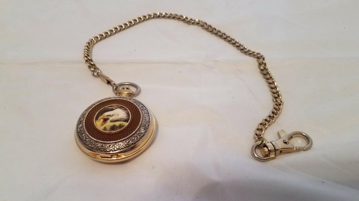 Franklin Mint  Gold Bald Eagle USA Pocket Watch on Chain with Japan Movement