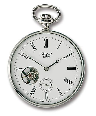 Rapport of London Silver Tone (Chrome) Open Face Pocket Watch with Skeletonized