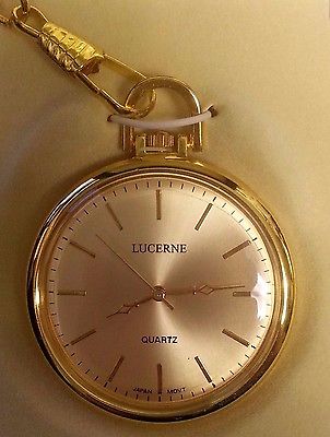 GOLD TONE OPEN-FACE POCKET WATCH.  SLEEK, MODERN GOLD TONE WATCH WITH CHAIN.