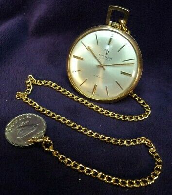 Serviced~X-FINE 1960s 43MM TRESSA 17J Swiss Gold Plated Pocket Watch & Chain