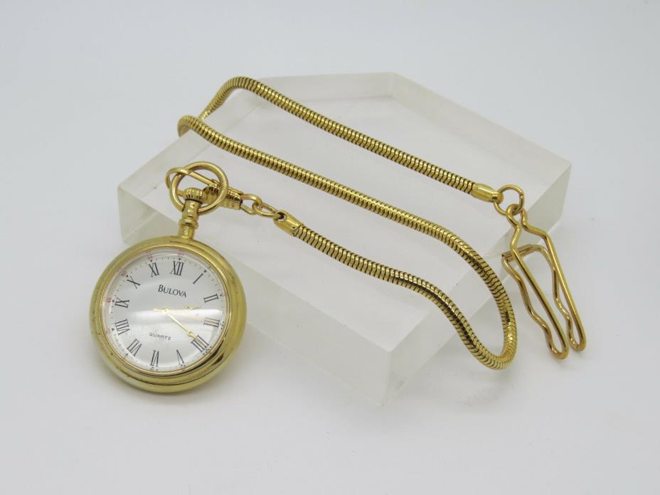Vintage Goldtone Bulova Quartz Roman Numeral Biege Dial Pocket Watch w/ Chain E