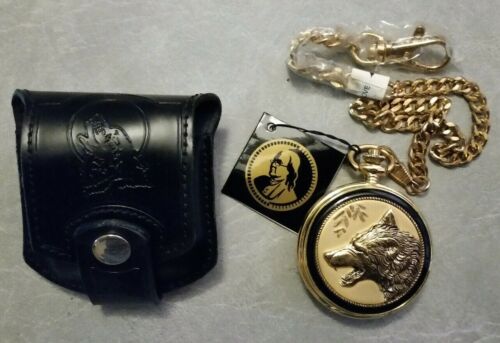FRANKLIN MINT-WOLF STALKING ON POCKET WATCH GOLD TONED N CHAIN