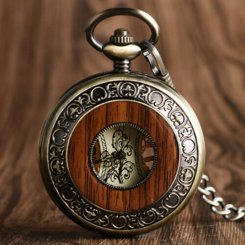 Wood Circle Chain Pocket Watch Hollow Mechanical Carving Hand-winding Best Gift