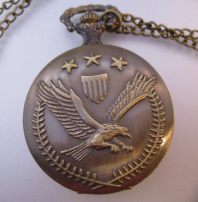 Vintage Style USA Army Eagle Emblem Pocket Watch & Necklace Chain Military