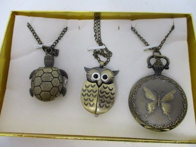 Vintage Lot of 3 Strada Pendant Pocket Watches-Butterfly Owl Turtle-Need Battery