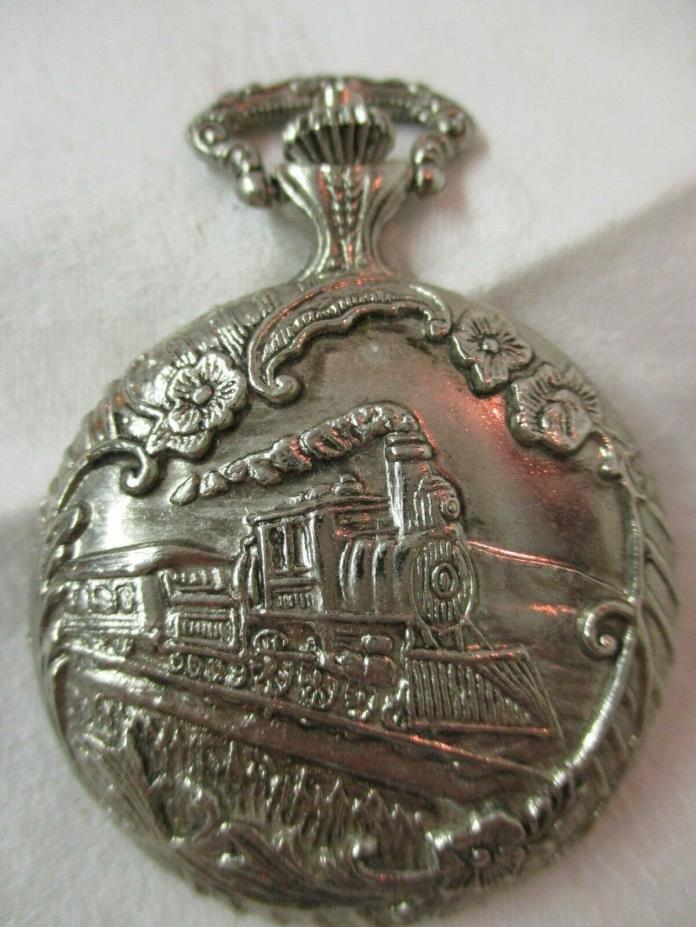 Vintage Geneva silver tone Pocket Watch Case etched Locomotive Anti-magnetic