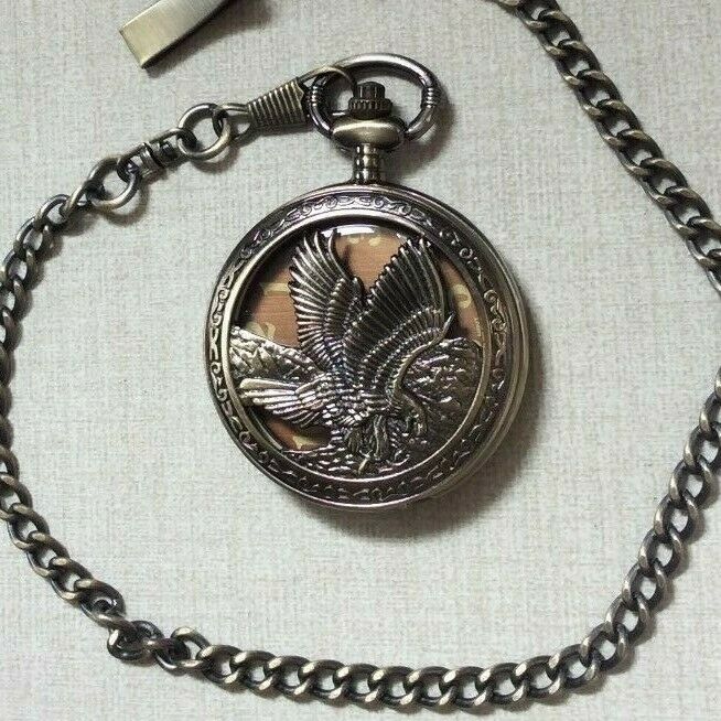 Brand New Pocket Watch Bold Eagle Cover Round Numbered Dial Easy to Read New!