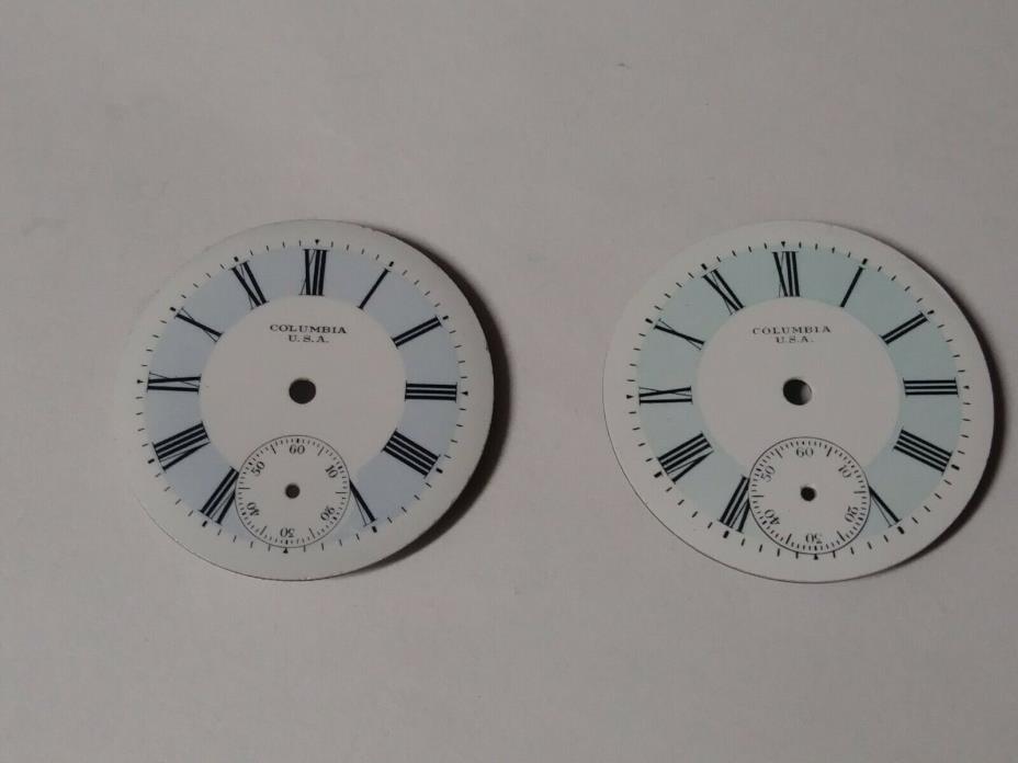 Two 6 size Columbia USA Multi Color pocket watch dials. Very good condition.