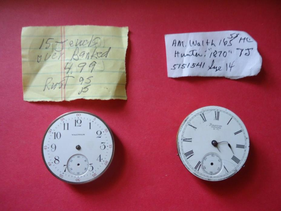 2 Vintage Waltham Pocket Watch Movements with Dials 4 Parts or Repair Lot# B18