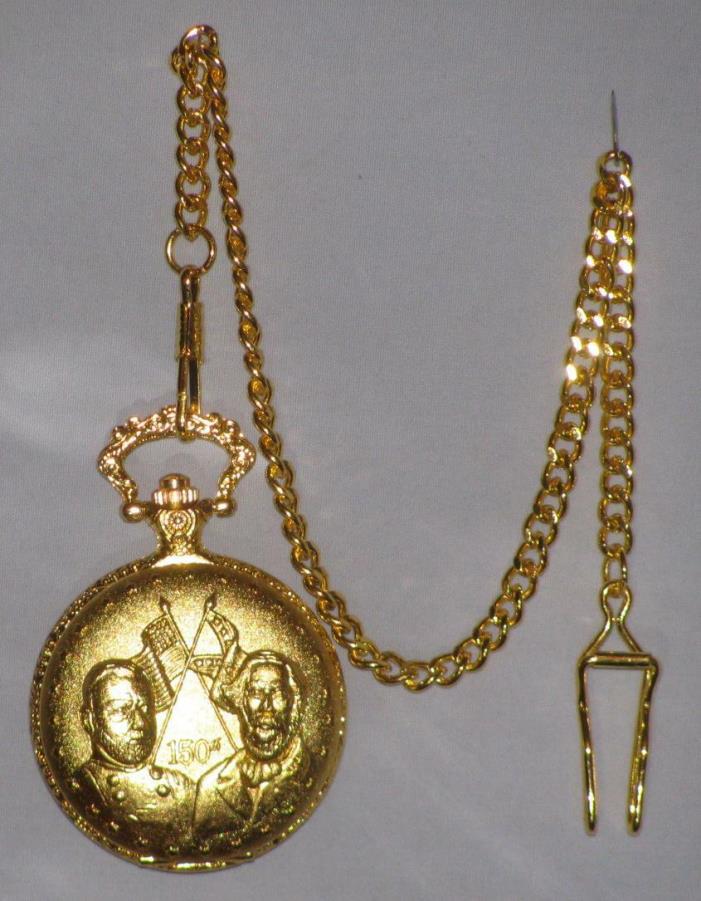 Civil War 150 Year Commemorative Pocket Watch & Chain Gold Tone Brass Free Shipp
